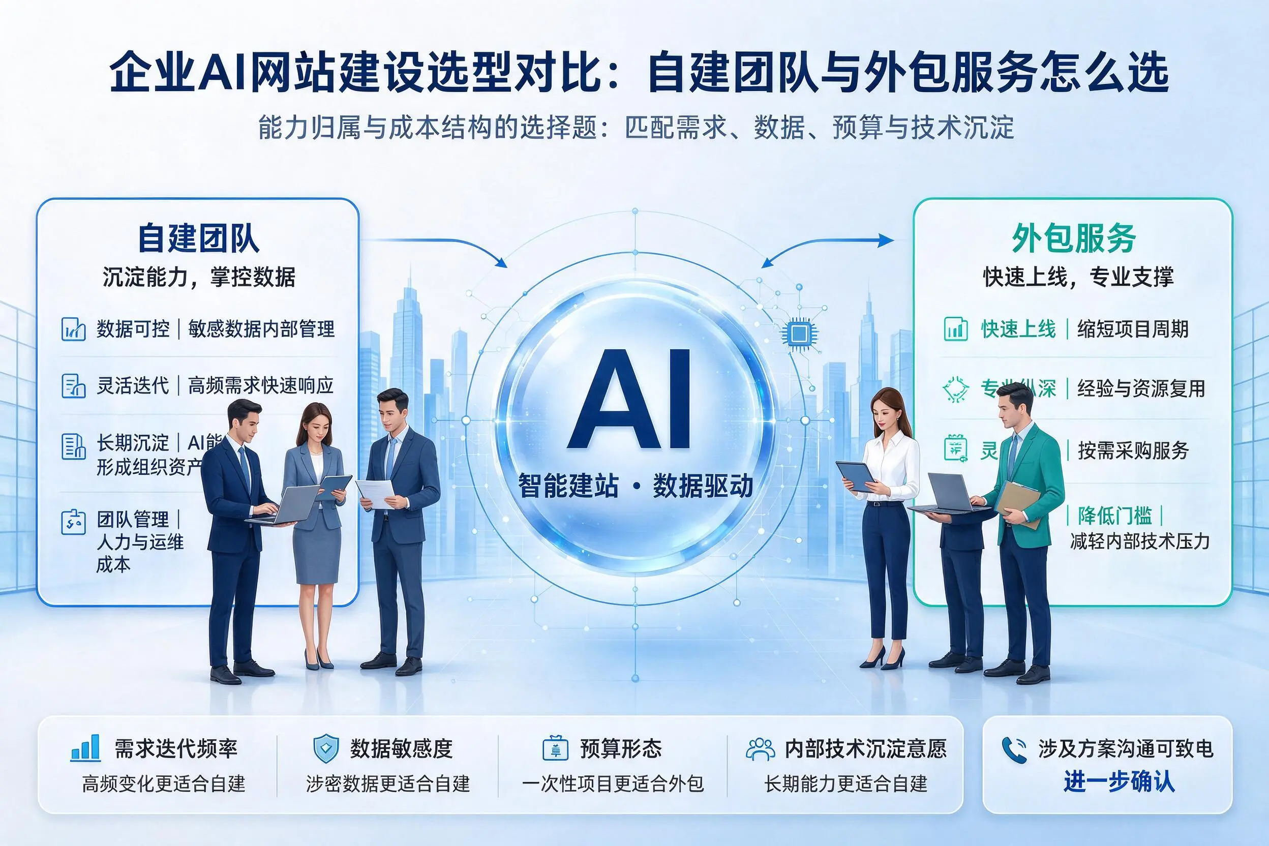 临汾企业AI网站建设选型对比:自建团队与外包服务怎么选